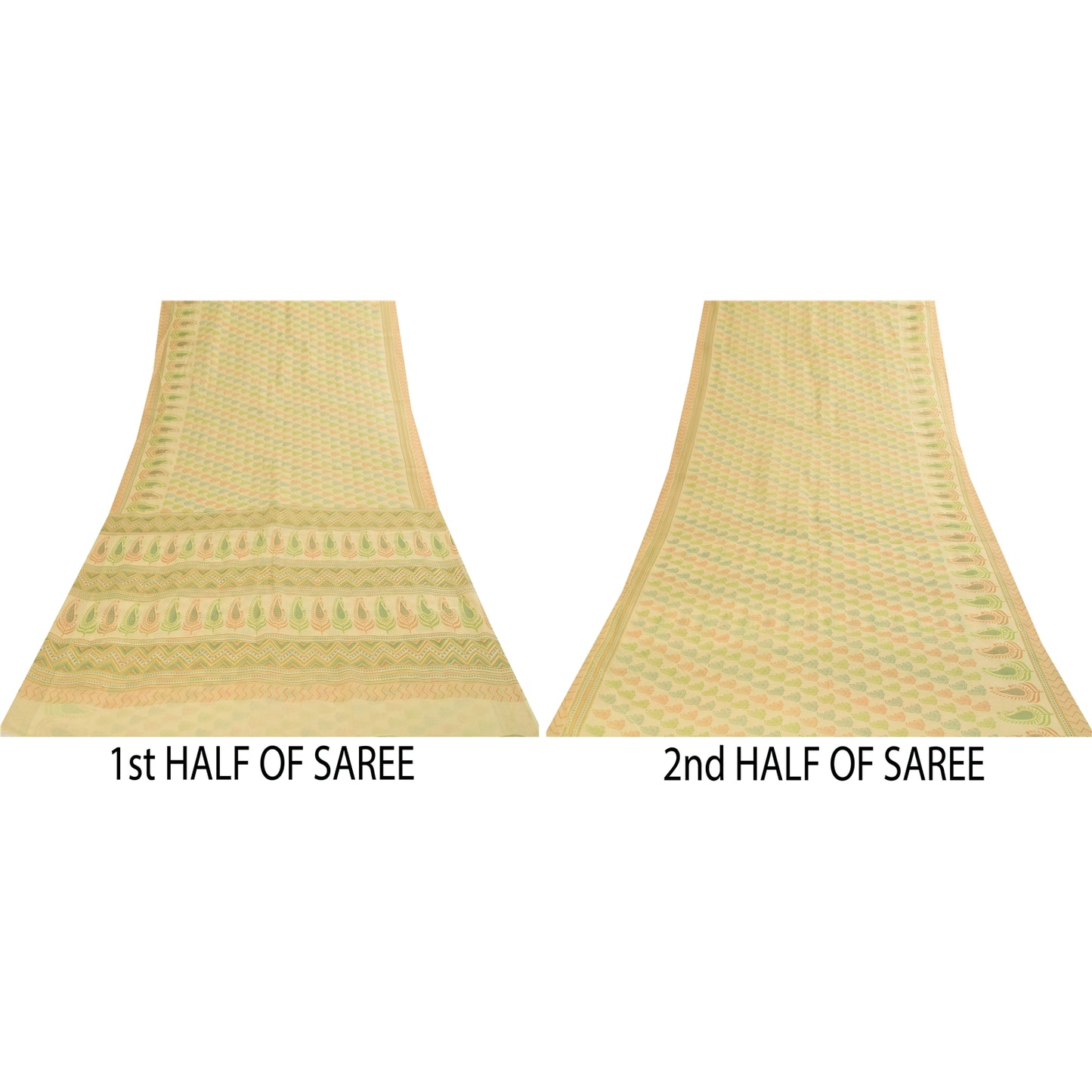 Sanskriti Vintage Sarees Indian Cream Pure Cotton Printed Sari 5+yd Craft Fabric