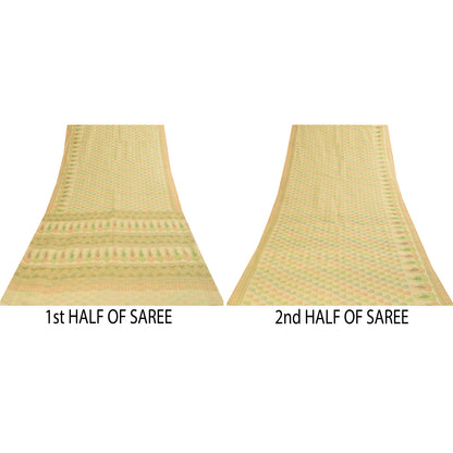 Sanskriti Vintage Sarees Indian Cream Pure Cotton Printed Sari 5+yd Craft Fabric