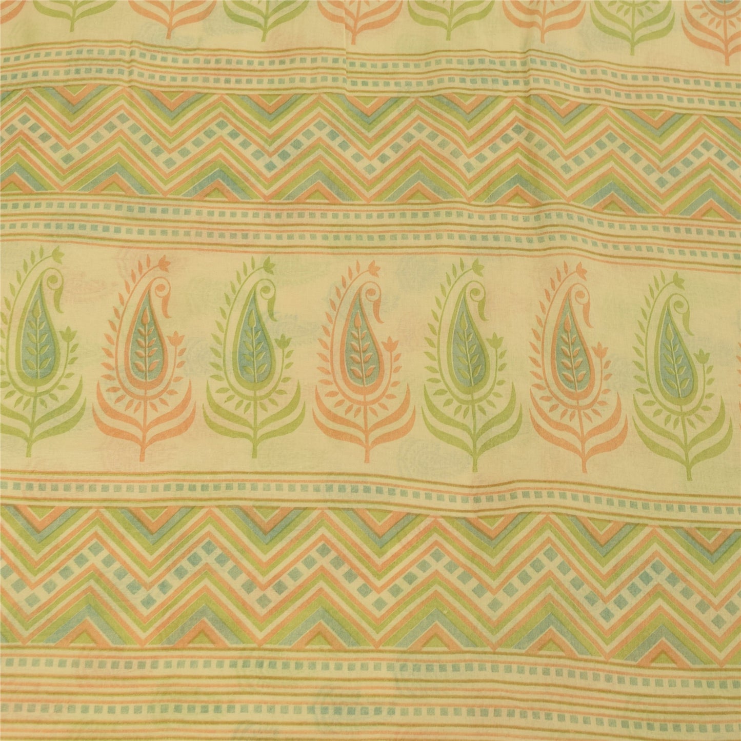 Sanskriti Vintage Sarees Indian Cream Pure Cotton Printed Sari 5+yd Craft Fabric