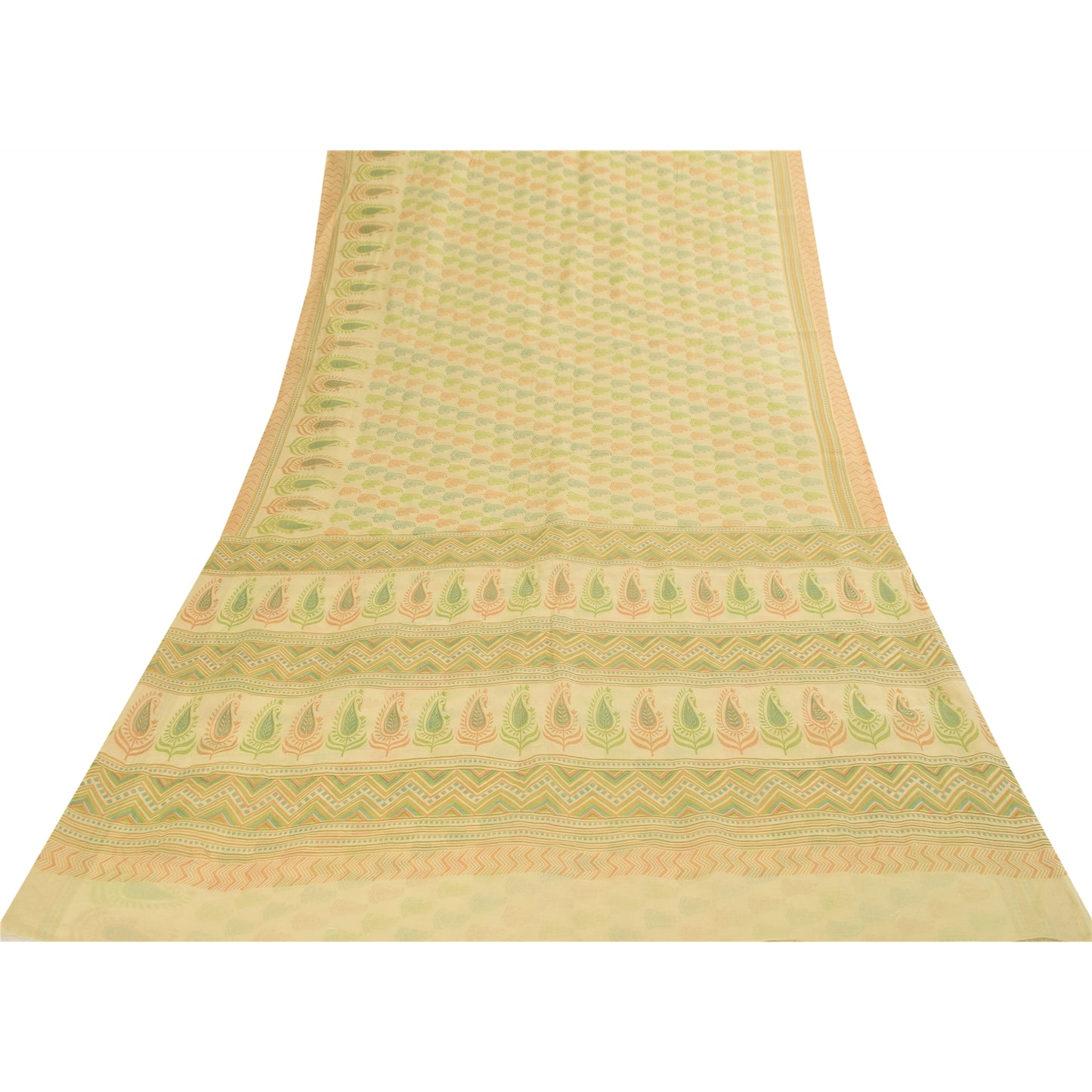 Sanskriti Vintage Sarees Indian Cream Pure Cotton Printed Sari 5+yd Craft Fabric
