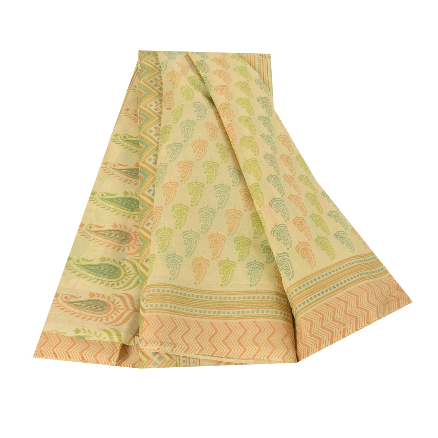 Sanskriti Vintage Sarees Indian Cream Pure Cotton Printed Sari 5+yd Craft Fabric
