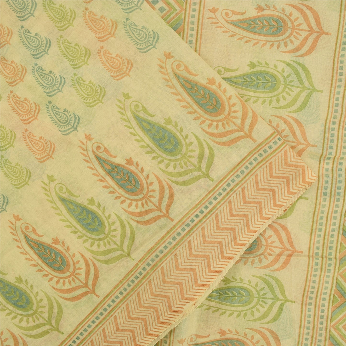 Sanskriti Vintage Sarees Indian Cream Pure Cotton Printed Sari 5+yd Craft Fabric
