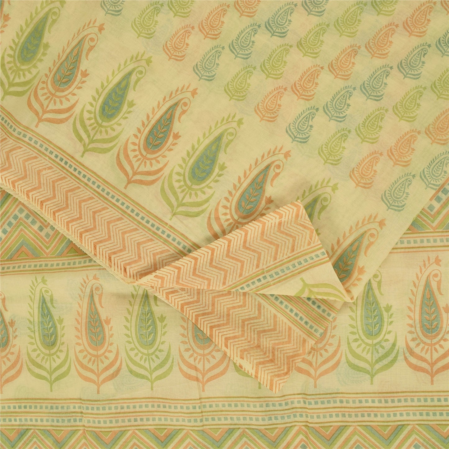 Sanskriti Vintage Sarees Indian Cream Pure Cotton Printed Sari 5+yd Craft Fabric