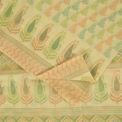 Sanskriti Vintage Sarees Indian Cream Pure Cotton Printed Sari 5+yd Craft Fabric