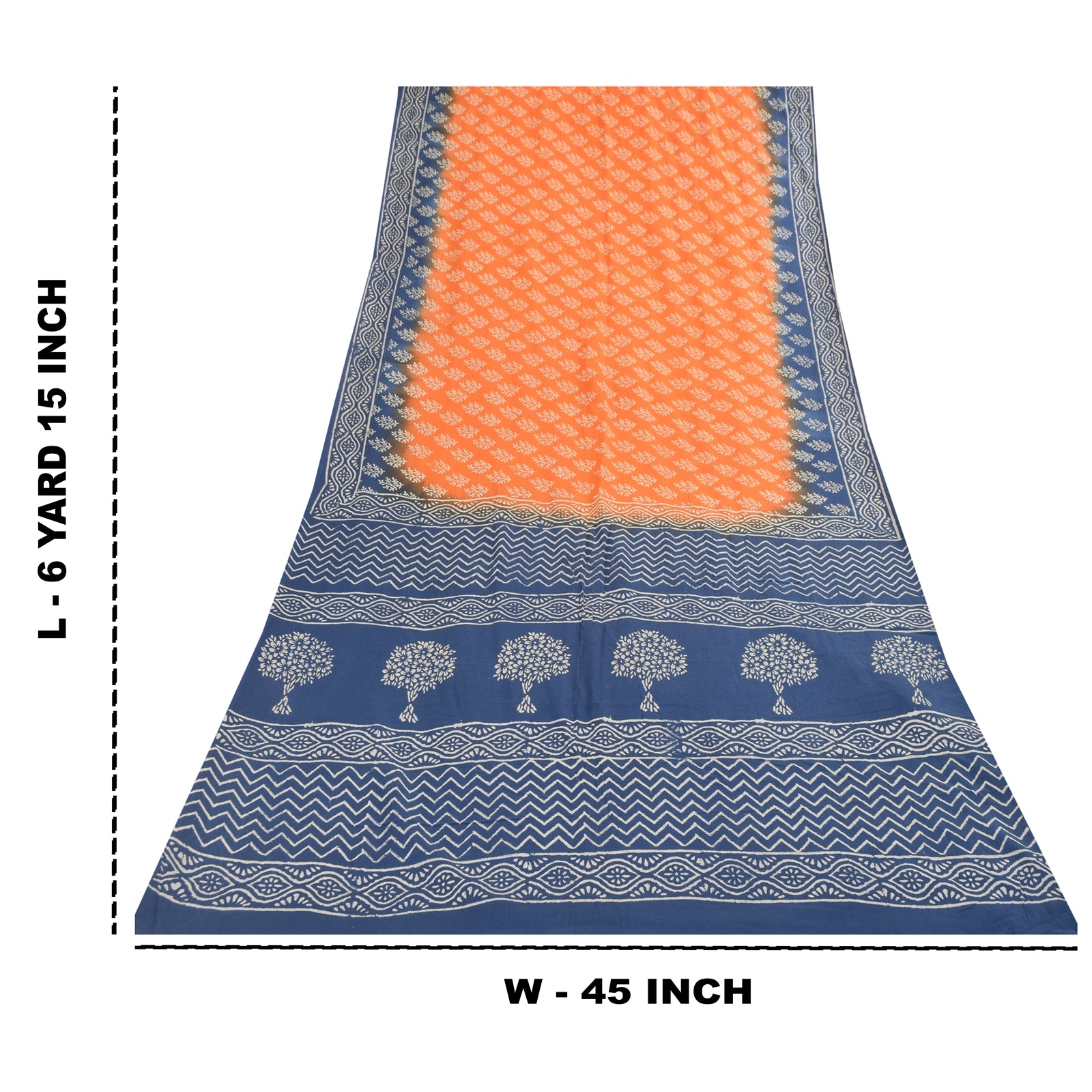 Sanskriti Vintage Sarees Orange & Blue Hand Block Print Pure Cotton Sari Fabric