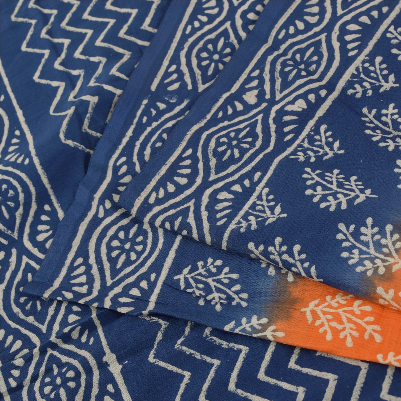 Sanskriti Vintage Sarees Orange & Blue Hand Block Print Pure Cotton Sari Fabric