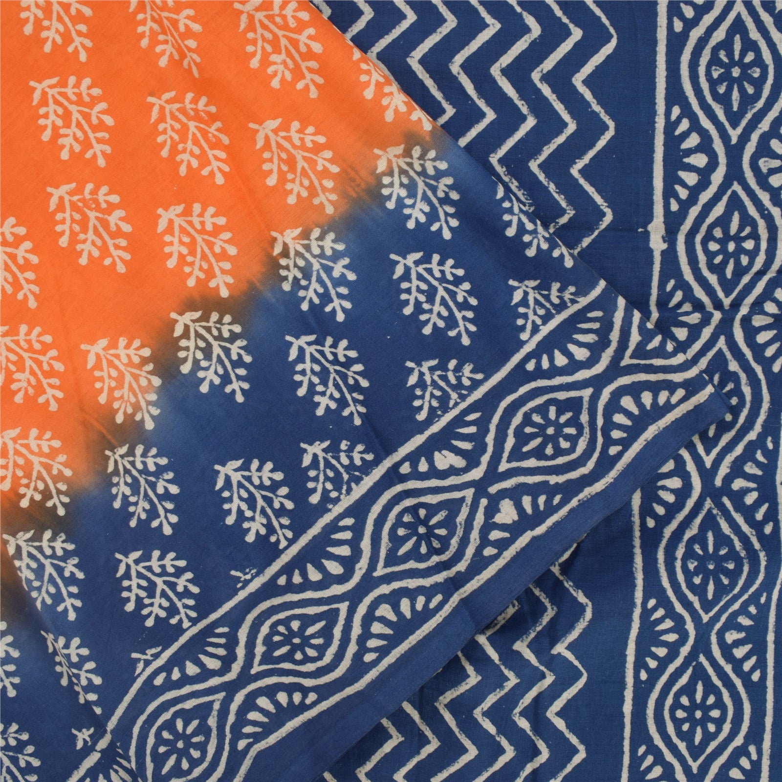 Sanskriti Vintage Sarees Orange & Blue Hand Block Print Pure Cotton Sari Fabric