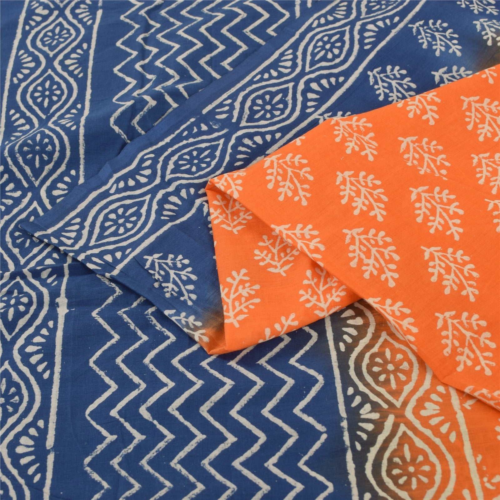 Sanskriti Vintage Sarees Orange & Blue Hand Block Print Pure Cotton Sari Fabric