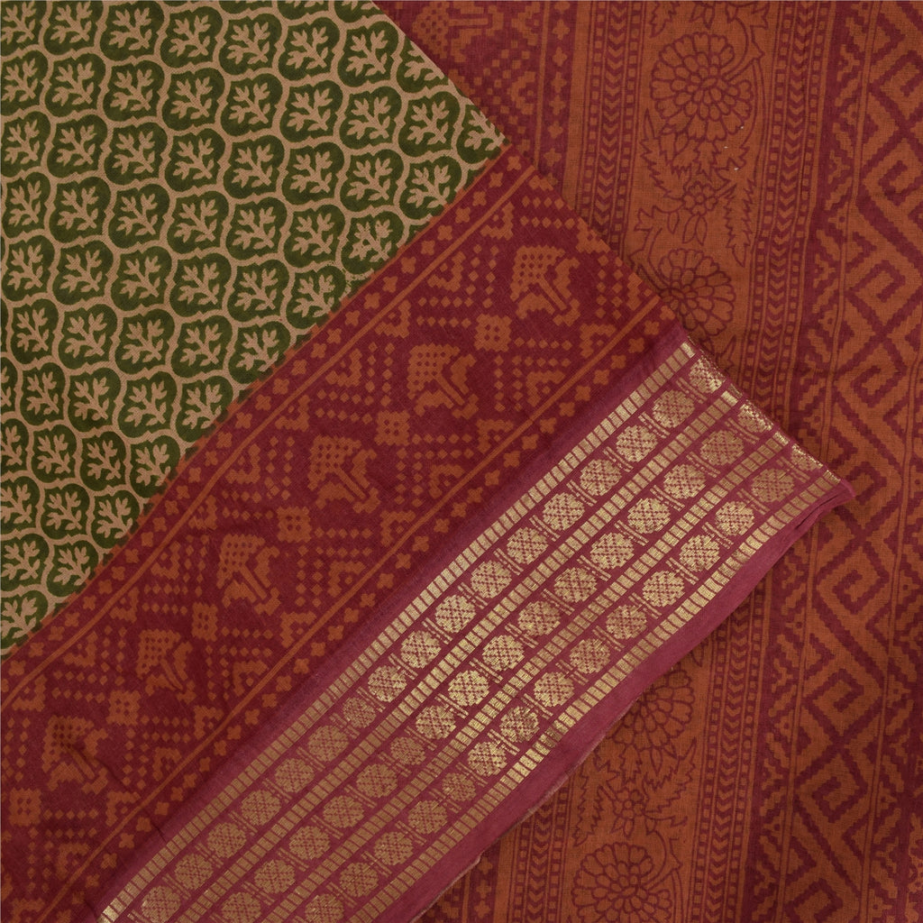 Sanskriti Vintage Sarees Green & Red Zari Border Pure Cotton Printed Sari Fabric