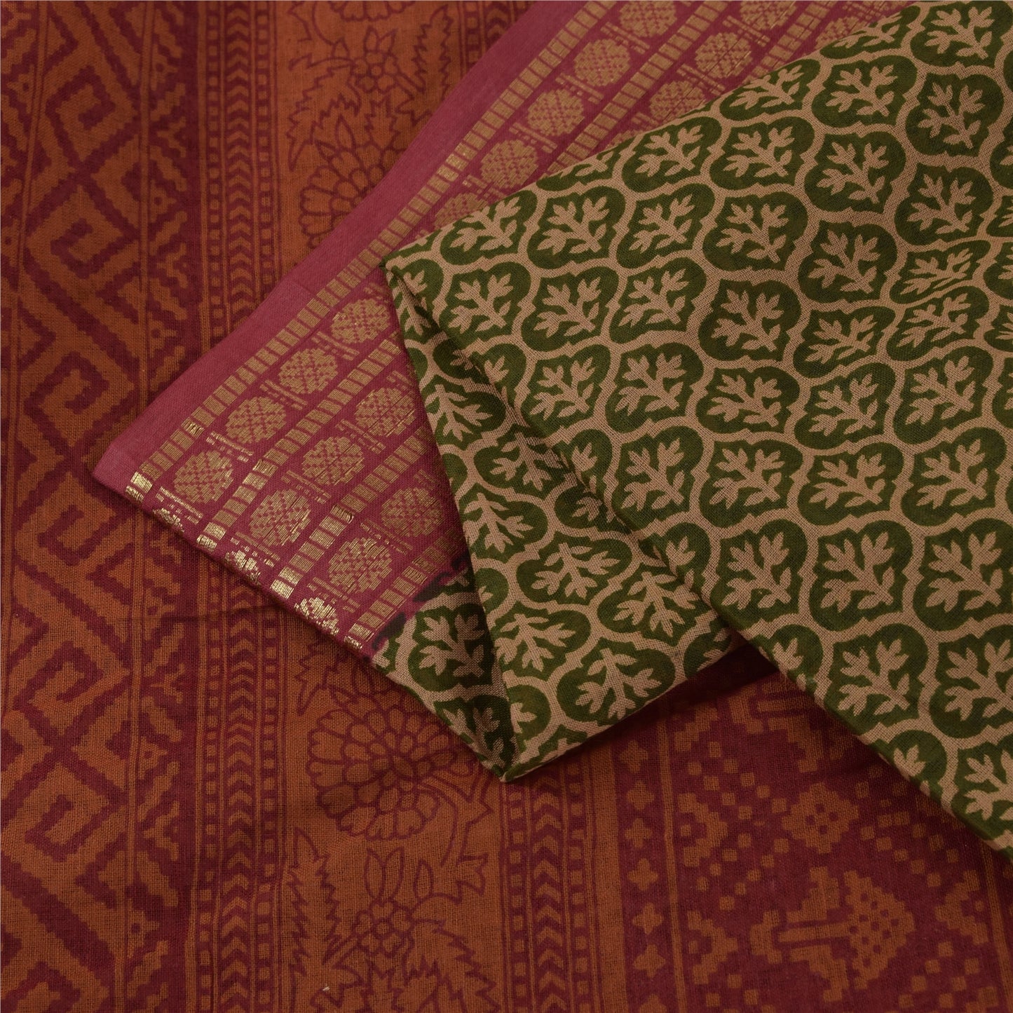 Sanskriti Vintage Sarees Green & Red Zari Border Pure Cotton Printed Sari Fabric