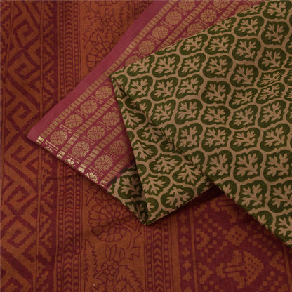 Sanskriti Vintage Sarees Green & Red Zari Border Pure Cotton Printed Sari Fabric
