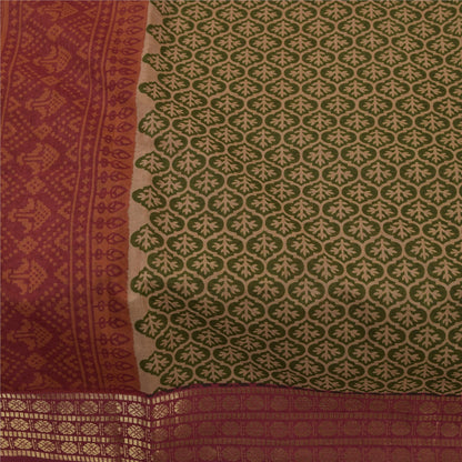 Sanskriti Vintage Sarees Green & Red Zari Border Pure Cotton Printed Sari Fabric