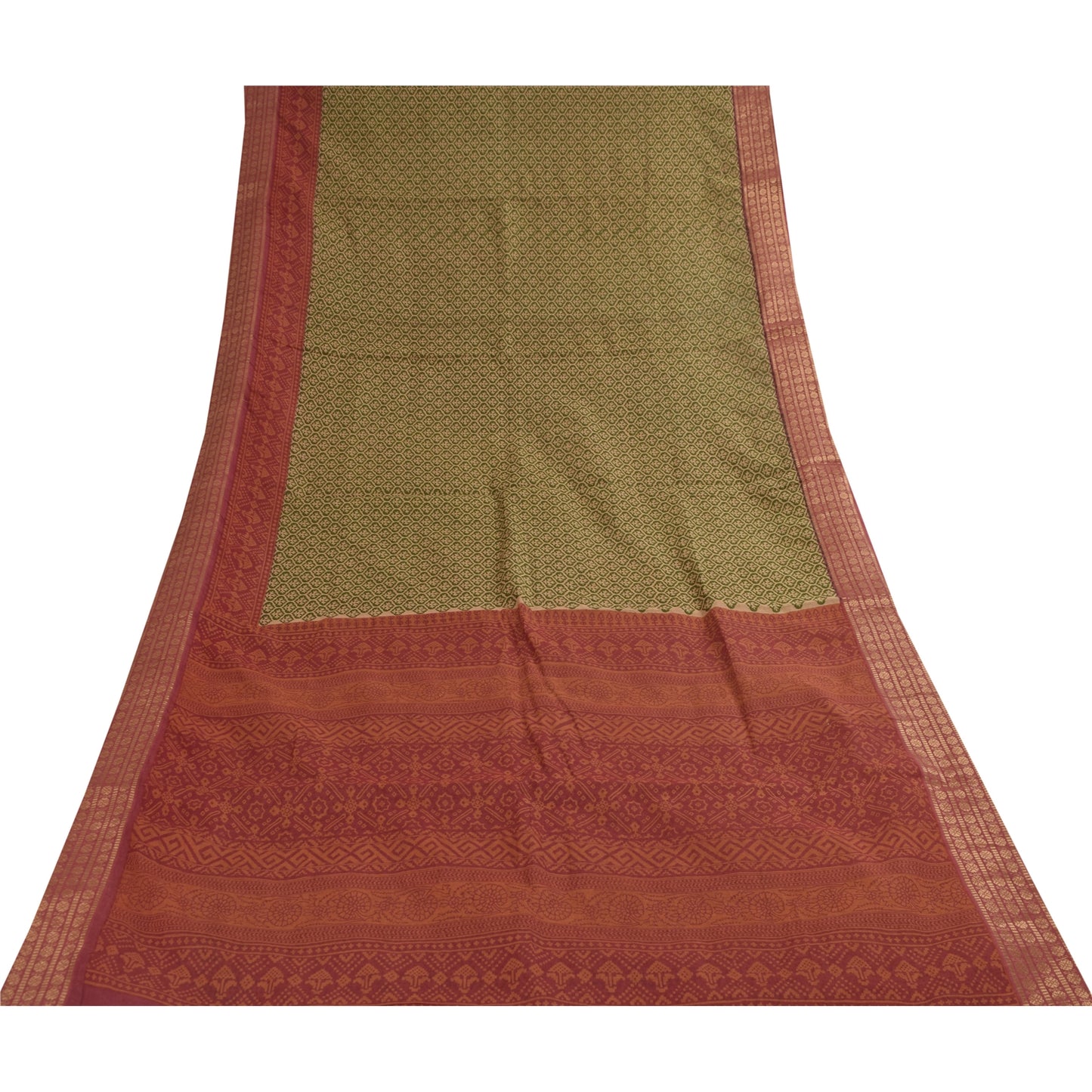 Sanskriti Vintage Sarees Green & Red Zari Border Pure Cotton Printed Sari Fabric