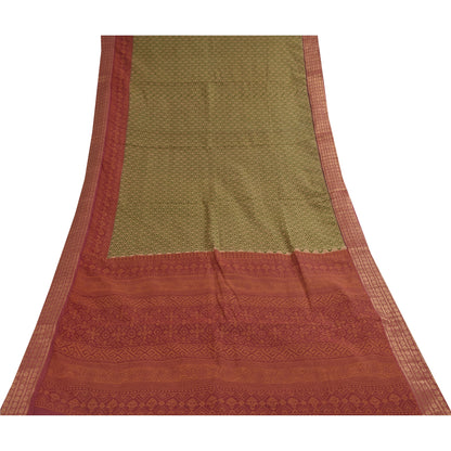 Sanskriti Vintage Sarees Green & Red Zari Border Pure Cotton Printed Sari Fabric