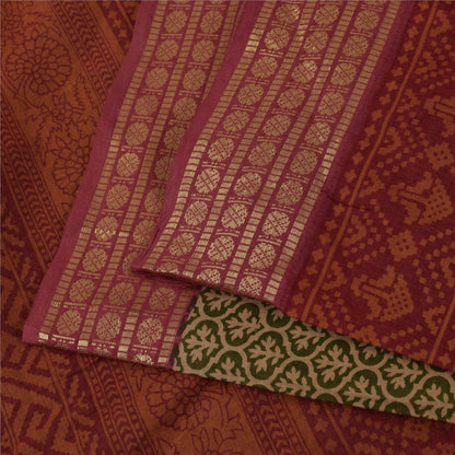Sanskriti Vintage Sarees Green & Red Zari Border Pure Cotton Printed Sari Fabric