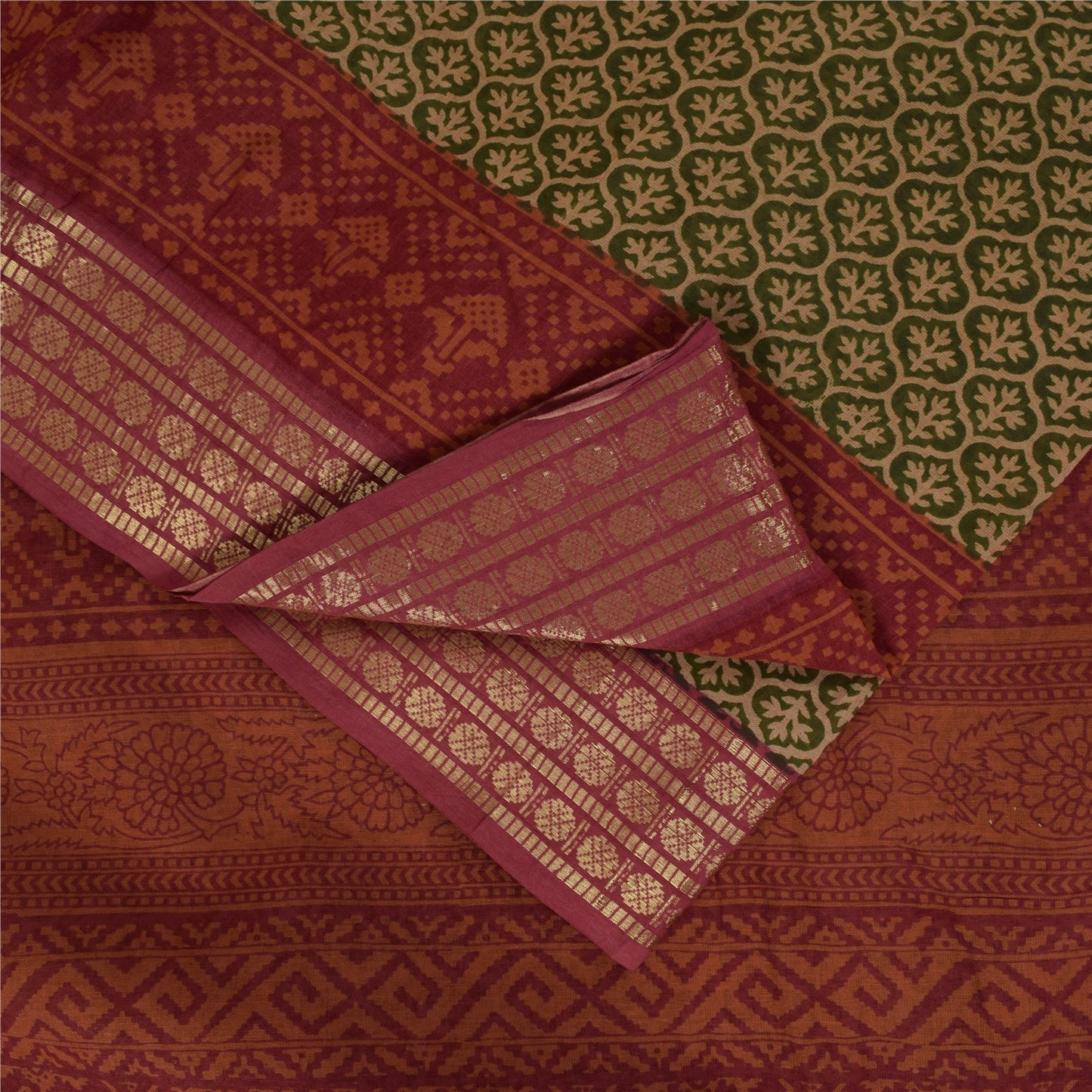 Sanskriti Vintage Sarees Green & Red Zari Border Pure Cotton Printed Sari Fabric