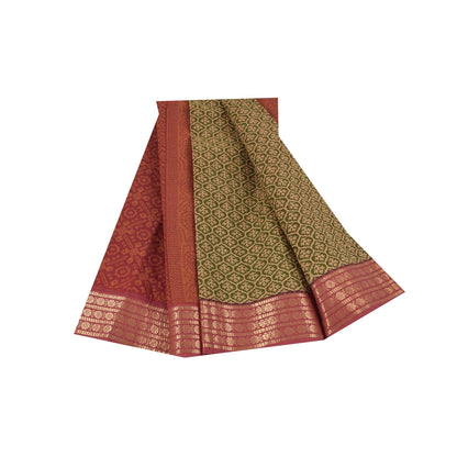 Sanskriti Vintage Sarees Green & Red Zari Border Pure Cotton Printed Sari Fabric