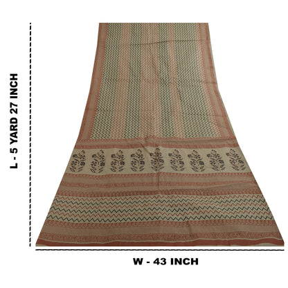 Sanskriti Vintage Sarees Indisk Elfenbensfarvet Ren Bomuld Trykt Sari 5+ yard Håndværksstof