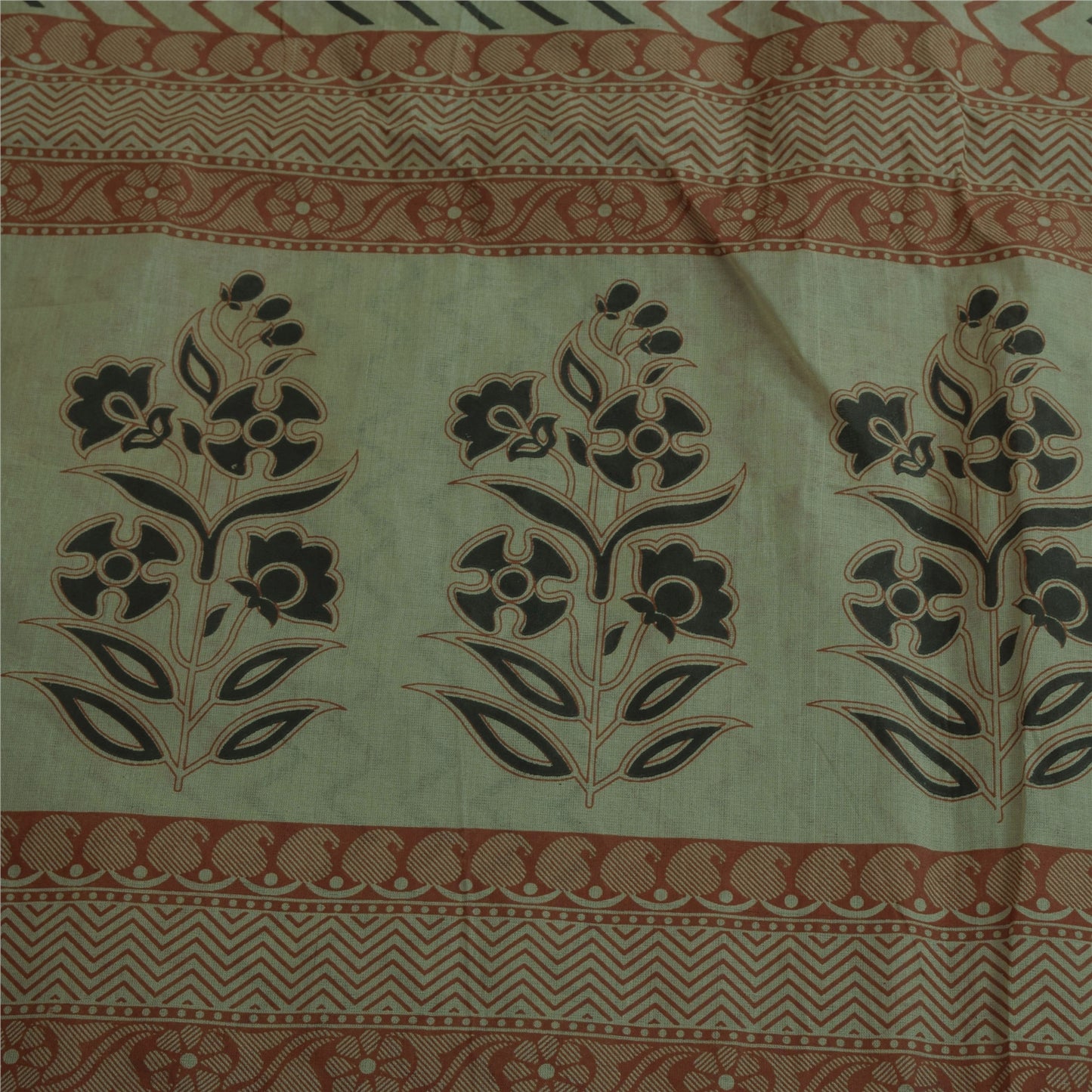 Sanskriti Vintage Sarees Indisk Elfenbensfarvet Ren Bomuld Trykt Sari 5+ yard Håndværksstof