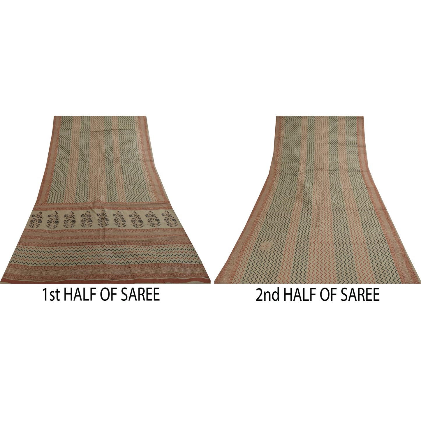 Sanskriti Vintage Sarees Indisk Elfenbensfarvet Ren Bomuld Trykt Sari 5+ yard Håndværksstof