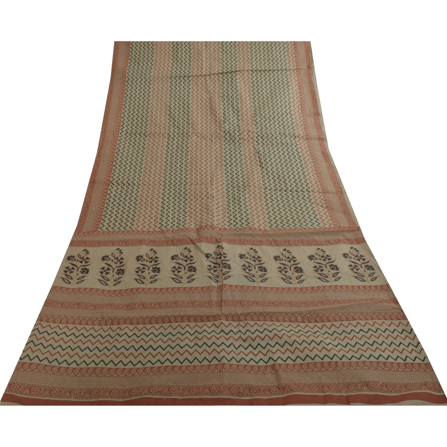 Sanskriti Vintage Sarees Indisk Elfenbensfarvet Ren Bomuld Trykt Sari 5+ yard Håndværksstof
