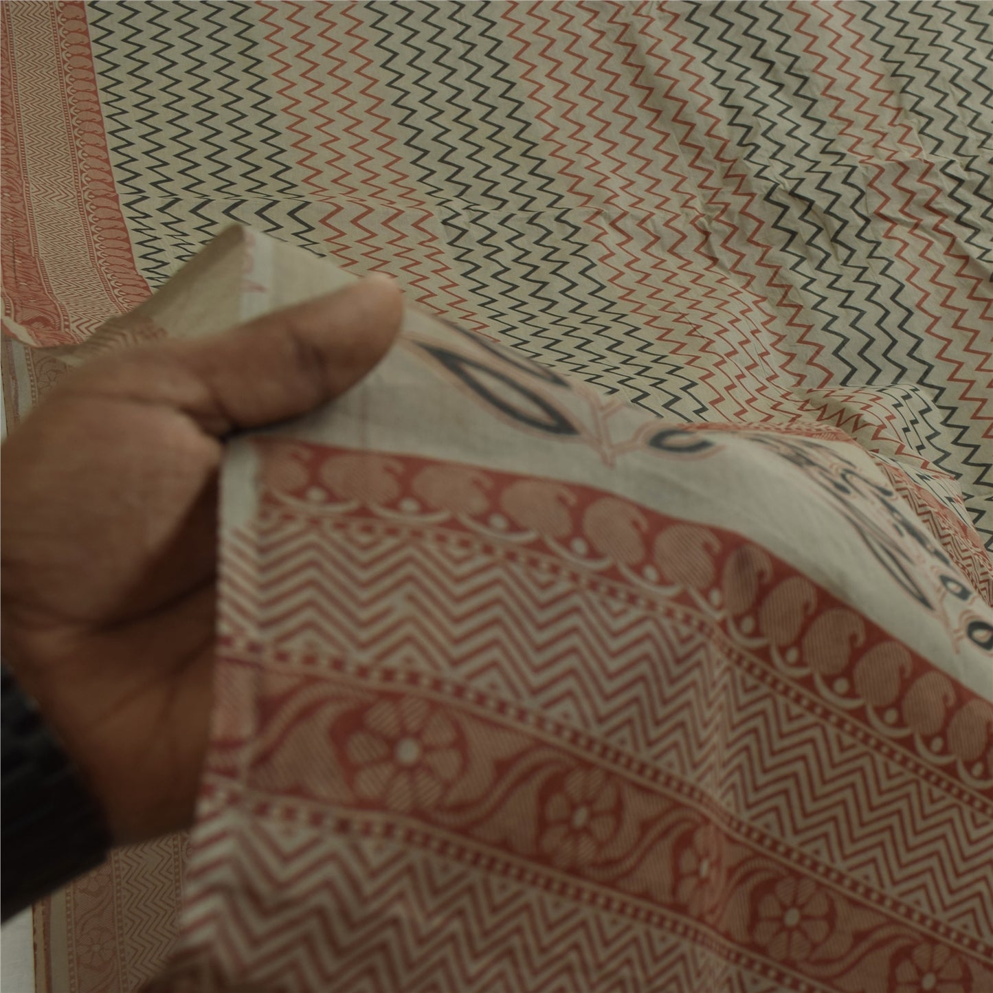 Sanskriti Vintage Sarees Indisk Elfenbensfarvet Ren Bomuld Trykt Sari 5+ yard Håndværksstof