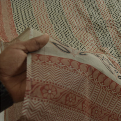 Sanskriti Vintage Sarees Indisk Elfenbensfarvet Ren Bomuld Trykt Sari 5+ yard Håndværksstof