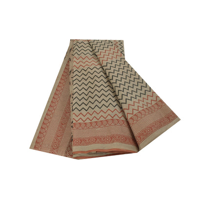 Sanskriti Vintage Sarees Indisk Elfenbensfarvet Ren Bomuld Trykt Sari 5+ yard Håndværksstof