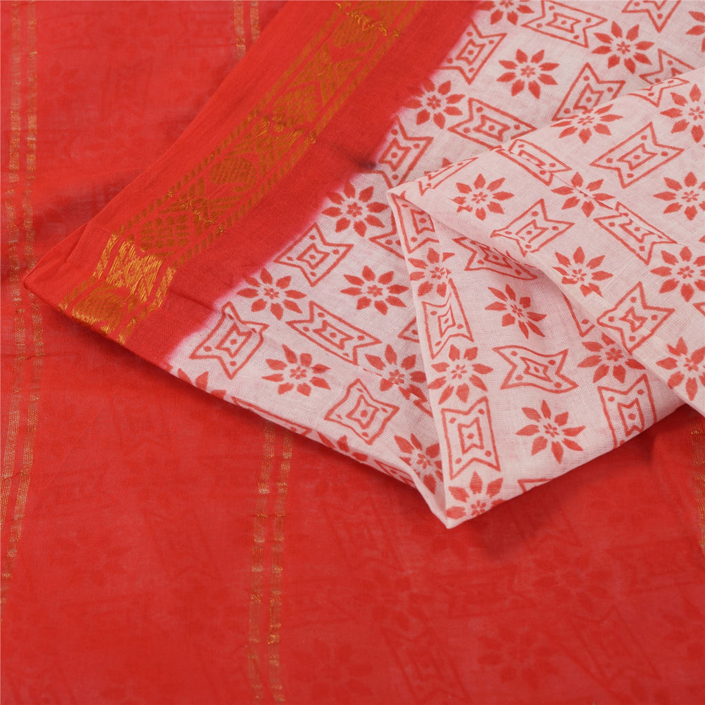 Sanskriti Vintage Sarees Pink &amp; Rød Ren Bomuld Trykt &amp; Zari Vævet Stof 5+ yard
