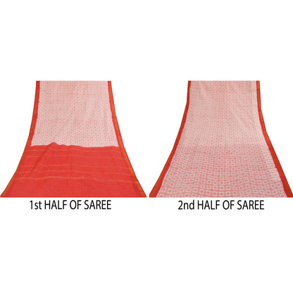 Sanskriti Vintage Sarees Pink &amp; Rød Ren Bomuld Trykt &amp; Zari Vævet Stof 5+ yard