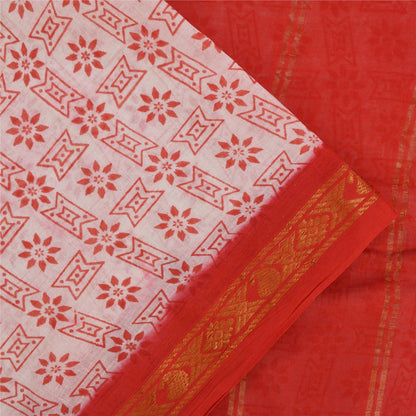 Sanskriti Vintage Sarees Pink &amp; Rød Ren Bomuld Trykt &amp; Zari Vævet Stof 5+ yard