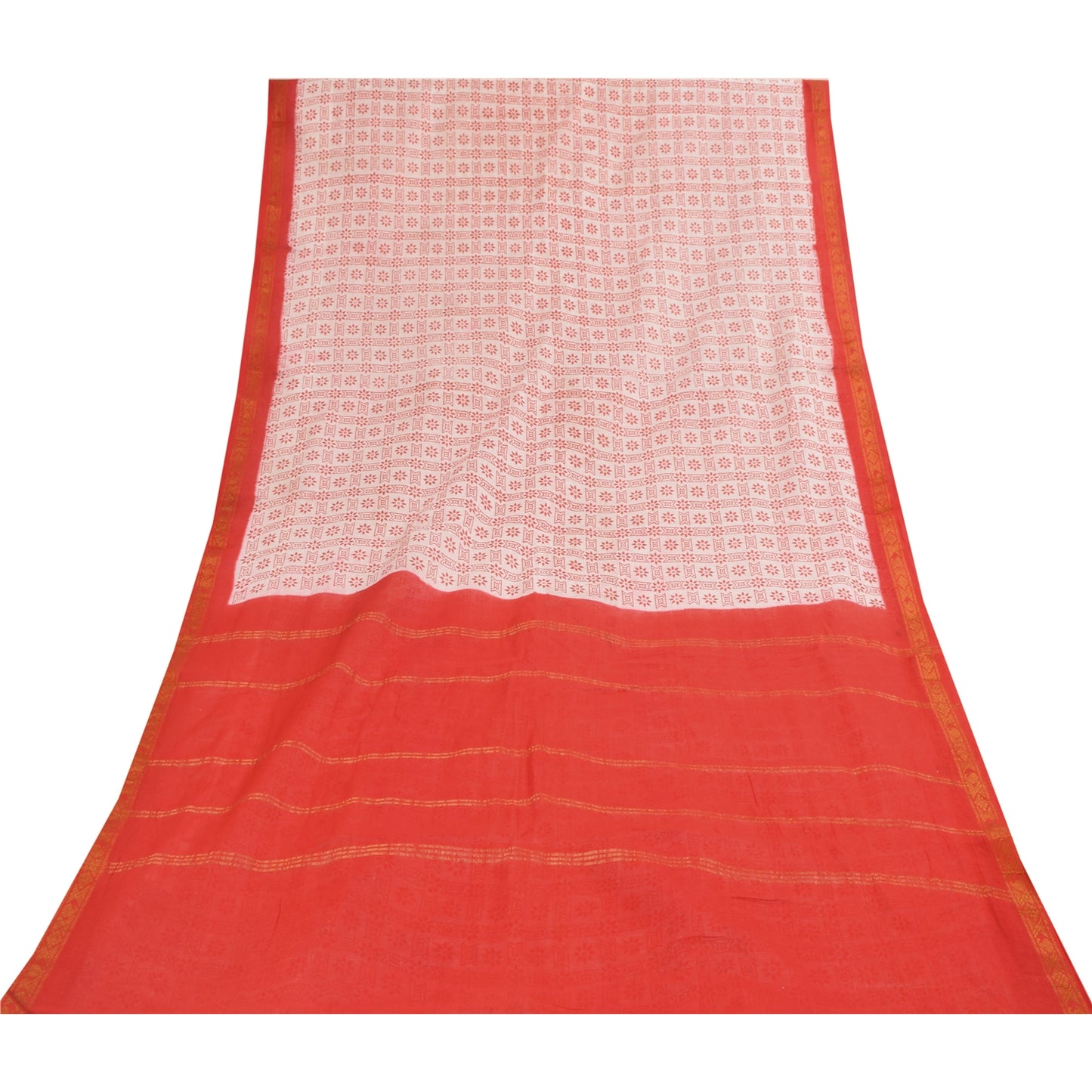 Sanskriti Vintage Sarees Pink &amp; Rød Ren Bomuld Trykt &amp; Zari Vævet Stof 5+ yard