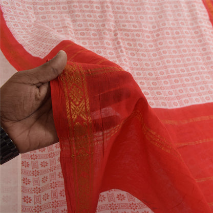 Sanskriti Vintage Sarees Pink &amp; Rød Ren Bomuld Trykt &amp; Zari Vævet Stof 5+ yard