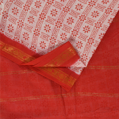 Sanskriti Vintage Sarees Pink &amp; Rød Ren Bomuld Trykt &amp; Zari Vævet Stof 5+ yard
