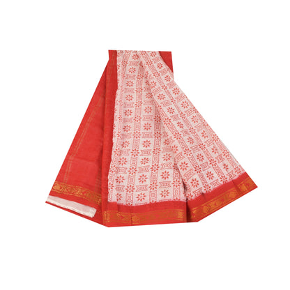 Sanskriti Vintage Sarees Pink &amp; Rød Ren Bomuld Trykt &amp; Zari Vævet Stof 5+ yard