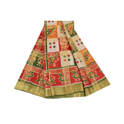 Sanskriti Vintage Sarees Patan Patola Animal Print Woven Pure Cotton Sari Fabric