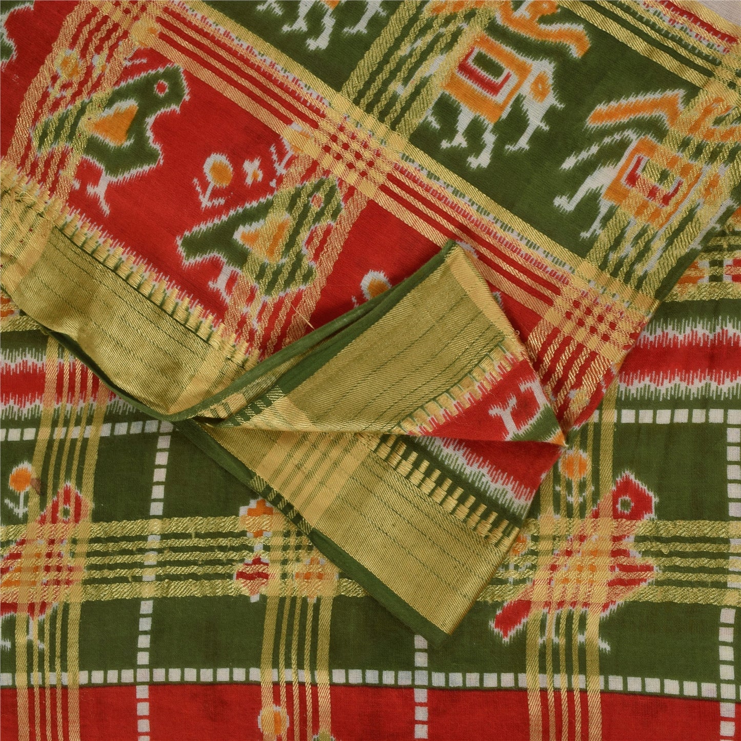 Sanskriti Vintage Sarees Patan Patola Animal Print Woven Pure Cotton Sari Fabric