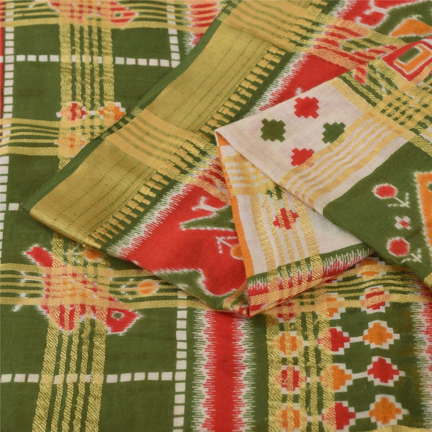 Sanskriti Vintage Sarees Patan Patola Animal Print Woven Pure Cotton Sari Fabric