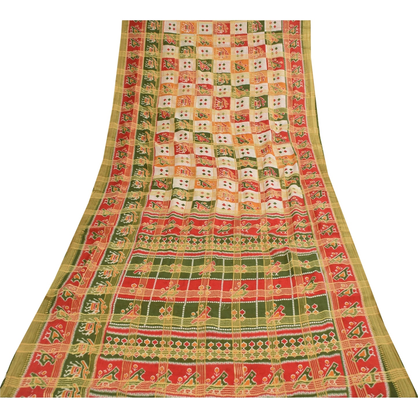 Sanskriti Vintage Sarees Patan Patola Animal Print Woven Pure Cotton Sari Fabric