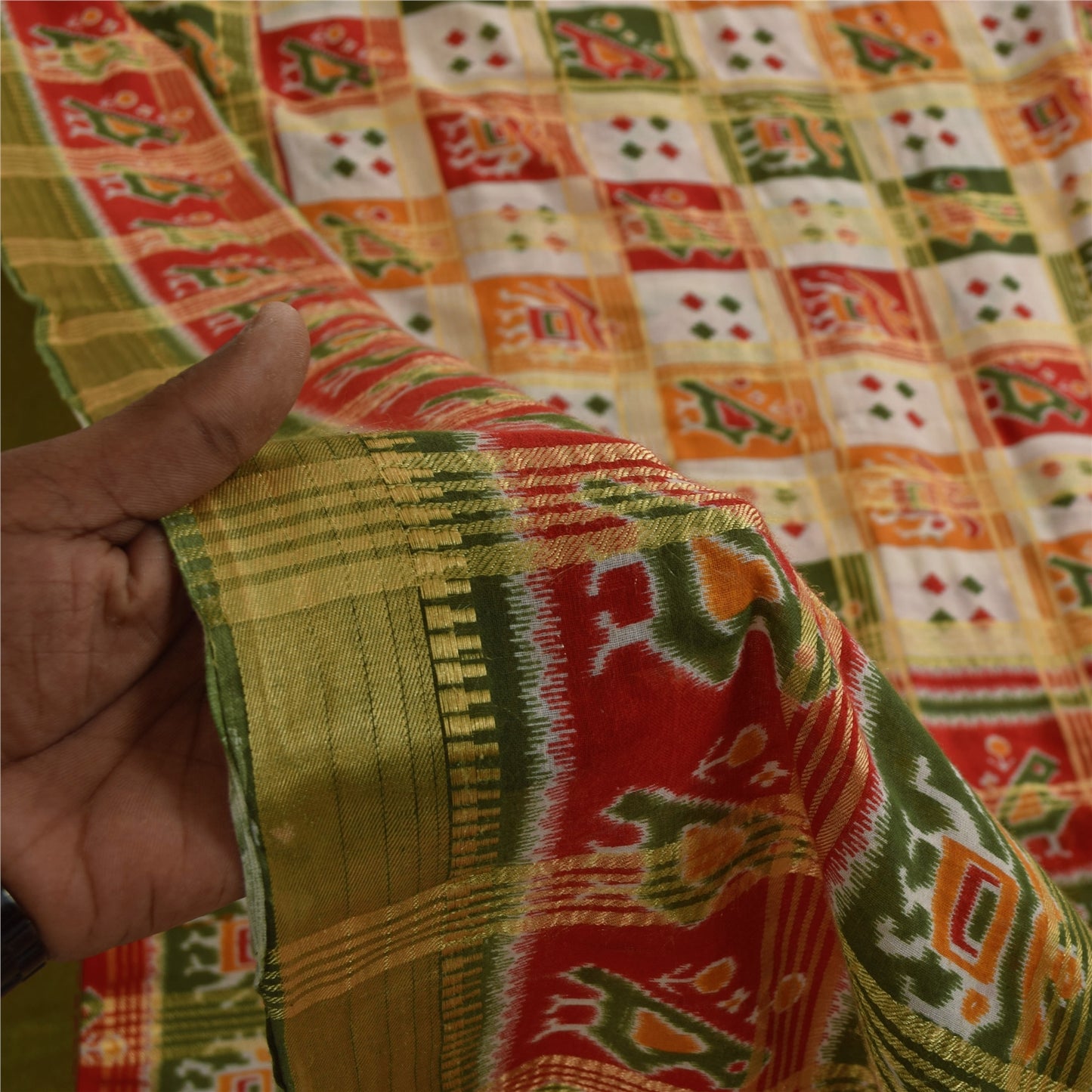 Sanskriti Vintage Sarees Patan Patola Animal Print Woven Pure Cotton Sari Fabric