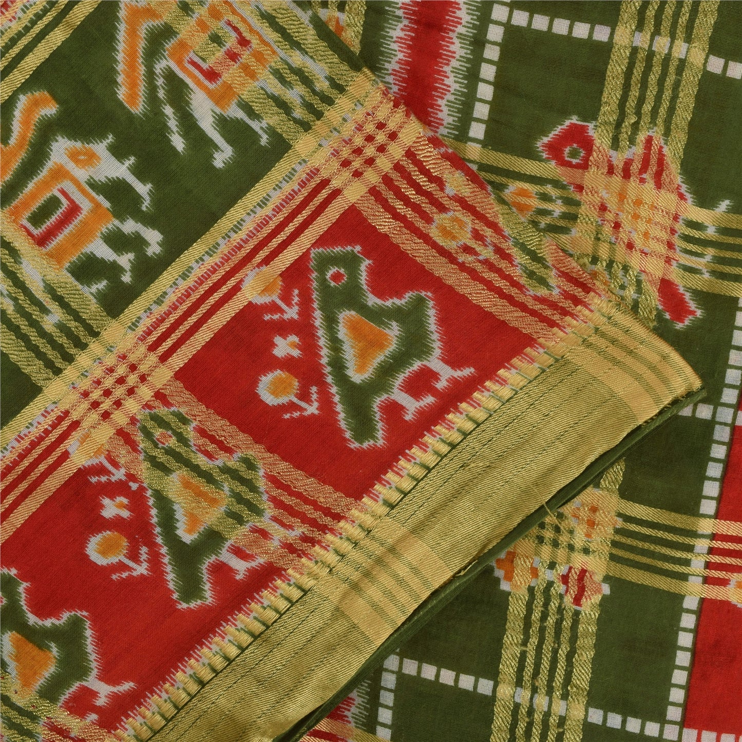 Sanskriti Vintage Sarees Patan Patola Animal Print Woven Pure Cotton Sari Fabric