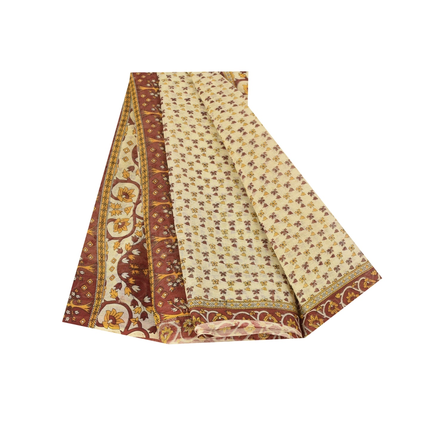 Sanskriti Vintage Sarees Indian Ivory Pure Cotton Printed Sari 5+yd Craft Fabric