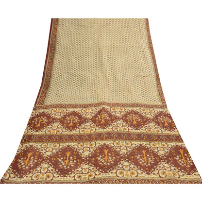 Sanskriti Vintage Sarees Indian Ivory Pure Cotton Printed Sari 5+yd Craft Fabric