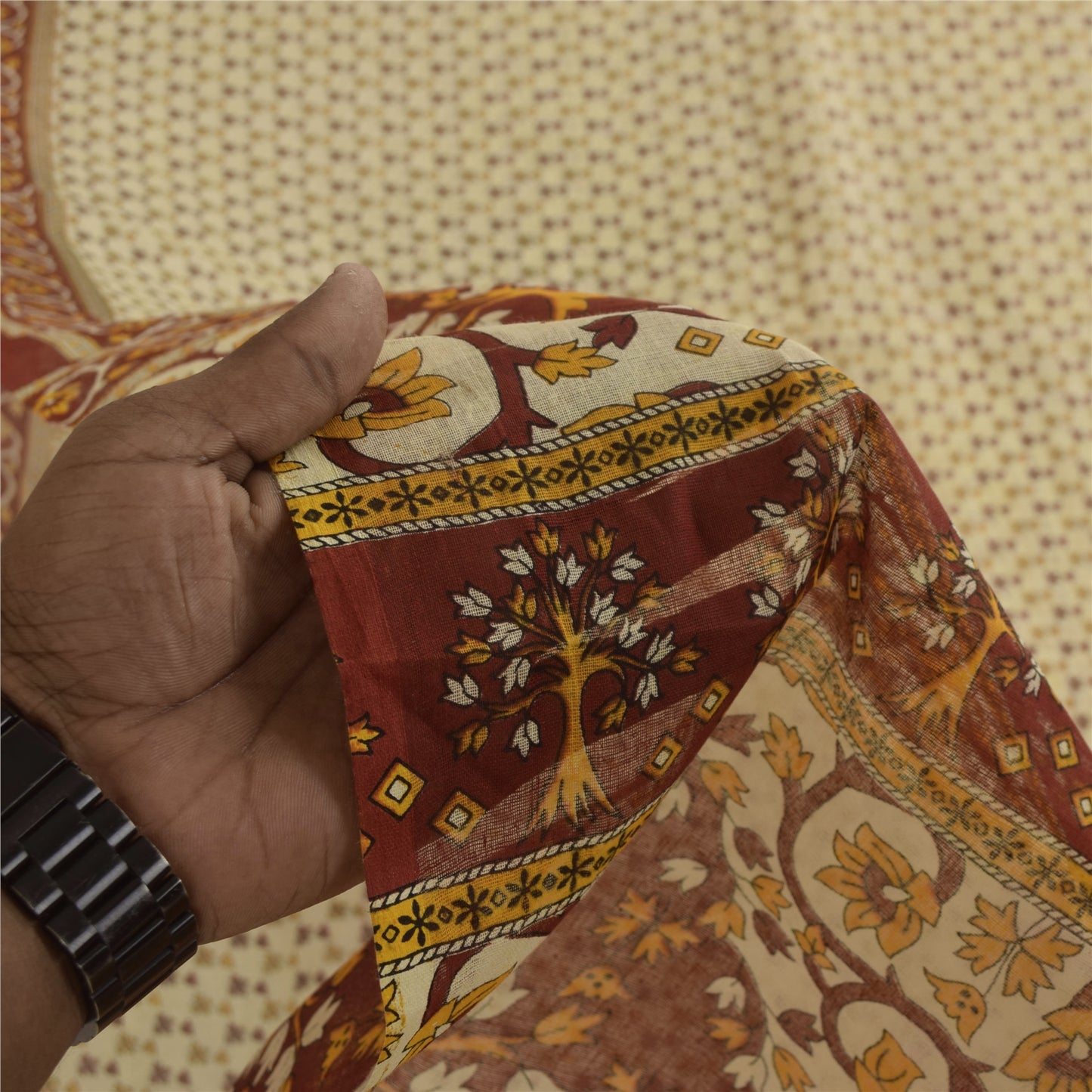 Sanskriti Vintage Sarees Indian Ivory Pure Cotton Printed Sari 5+yd Craft Fabric