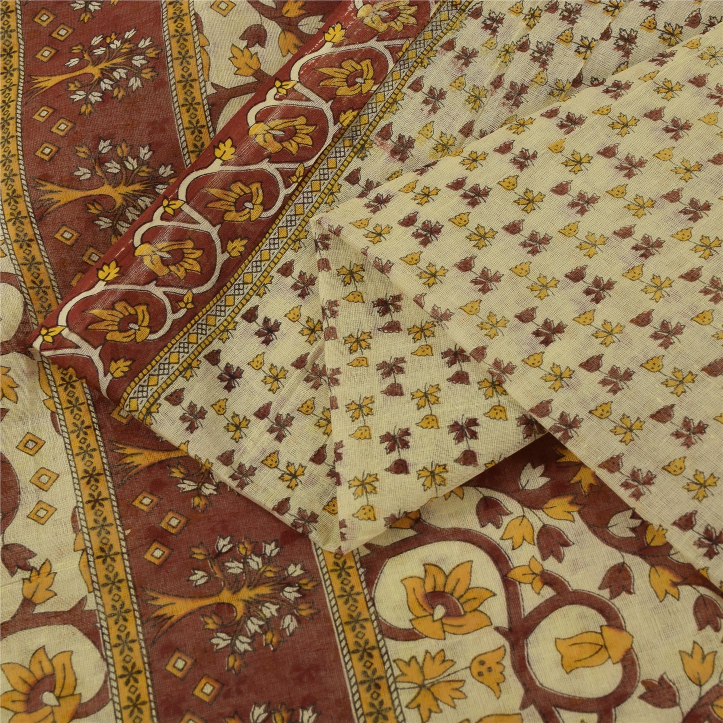 Sanskriti Vintage Sarees Indian Ivory Pure Cotton Printed Sari 5+yd Craft Fabric