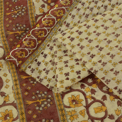 Sanskriti Vintage Sarees Indian Ivory Pure Cotton Printed Sari 5+yd Craft Fabric