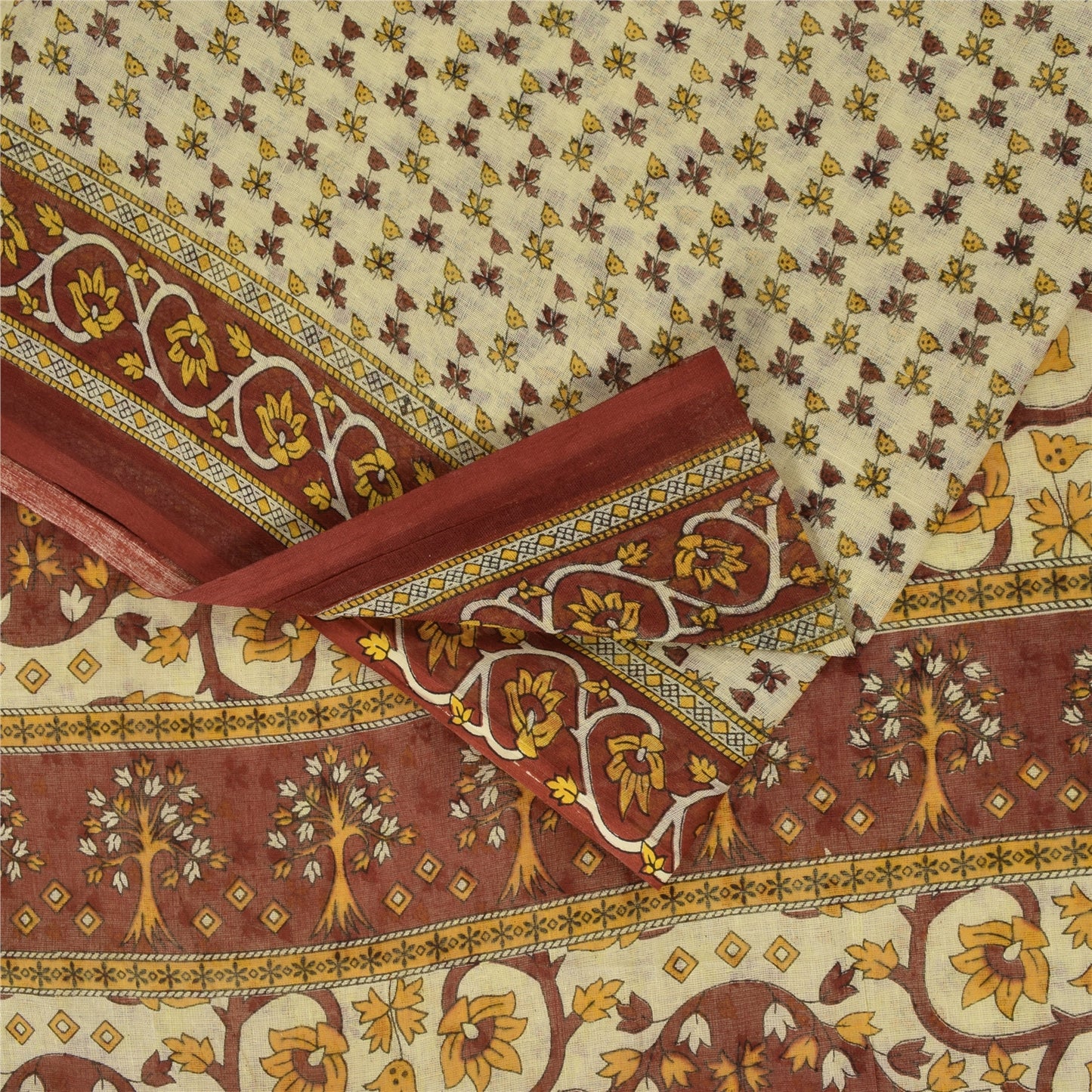 Sanskriti Vintage Sarees Indian Ivory Pure Cotton Printed Sari 5+yd Craft Fabric