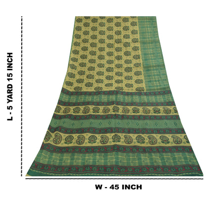 Sanskriti Vintage Sarees Indian Green Pure Cotton Printed Sari 5+yd Craft Fabric
