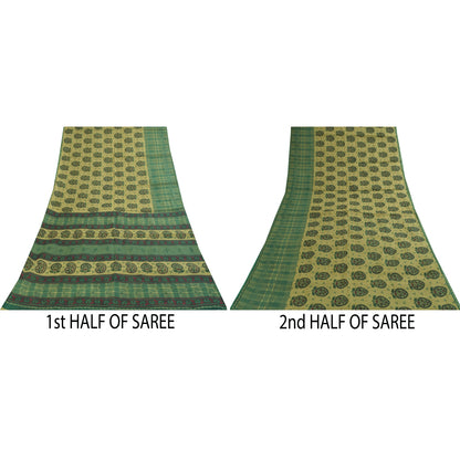 Sanskriti Vintage Sarees Indian Green Pure Cotton Printed Sari 5+yd Craft Fabric