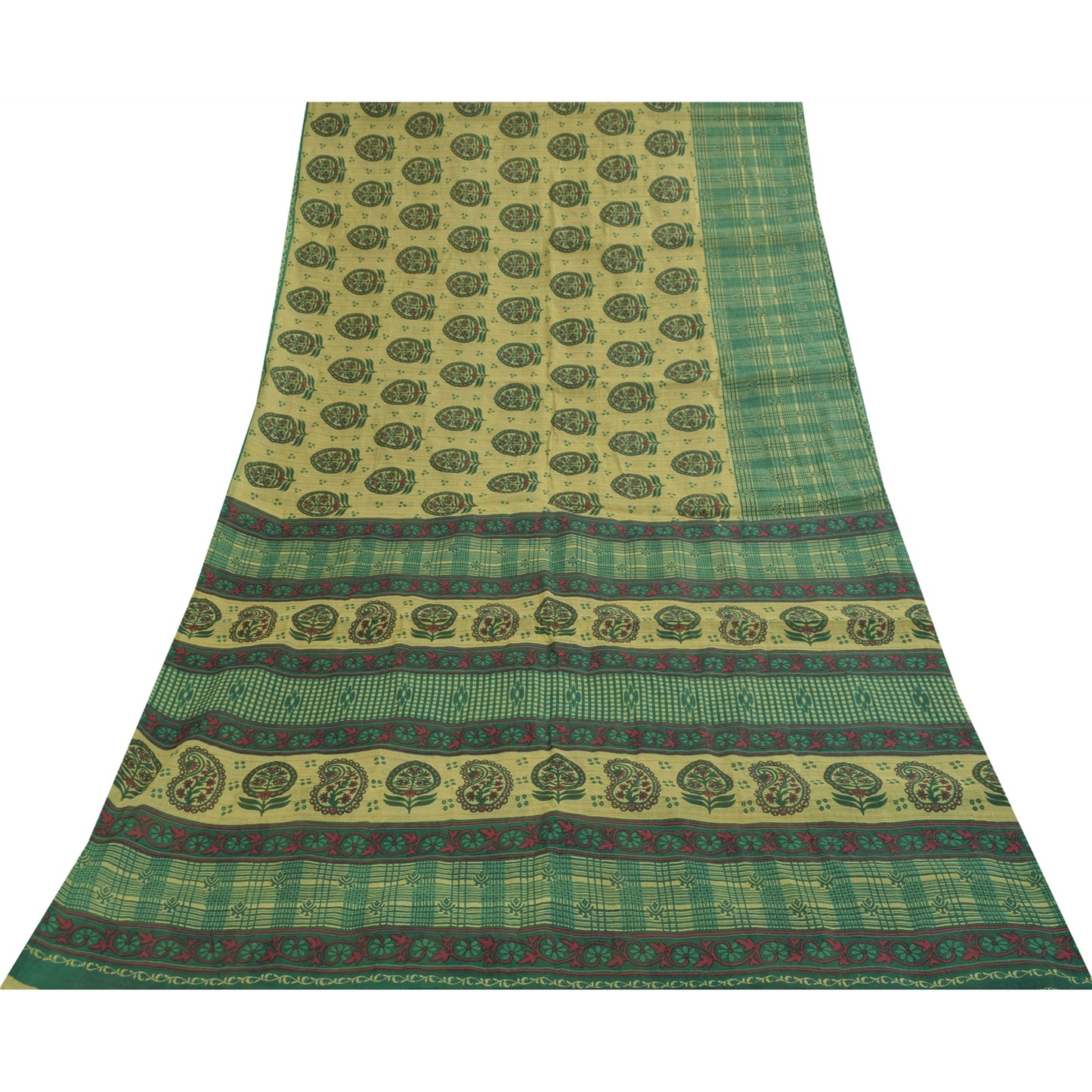 Sanskriti Vintage Sarees Indian Green Pure Cotton Printed Sari 5+yd Craft Fabric
